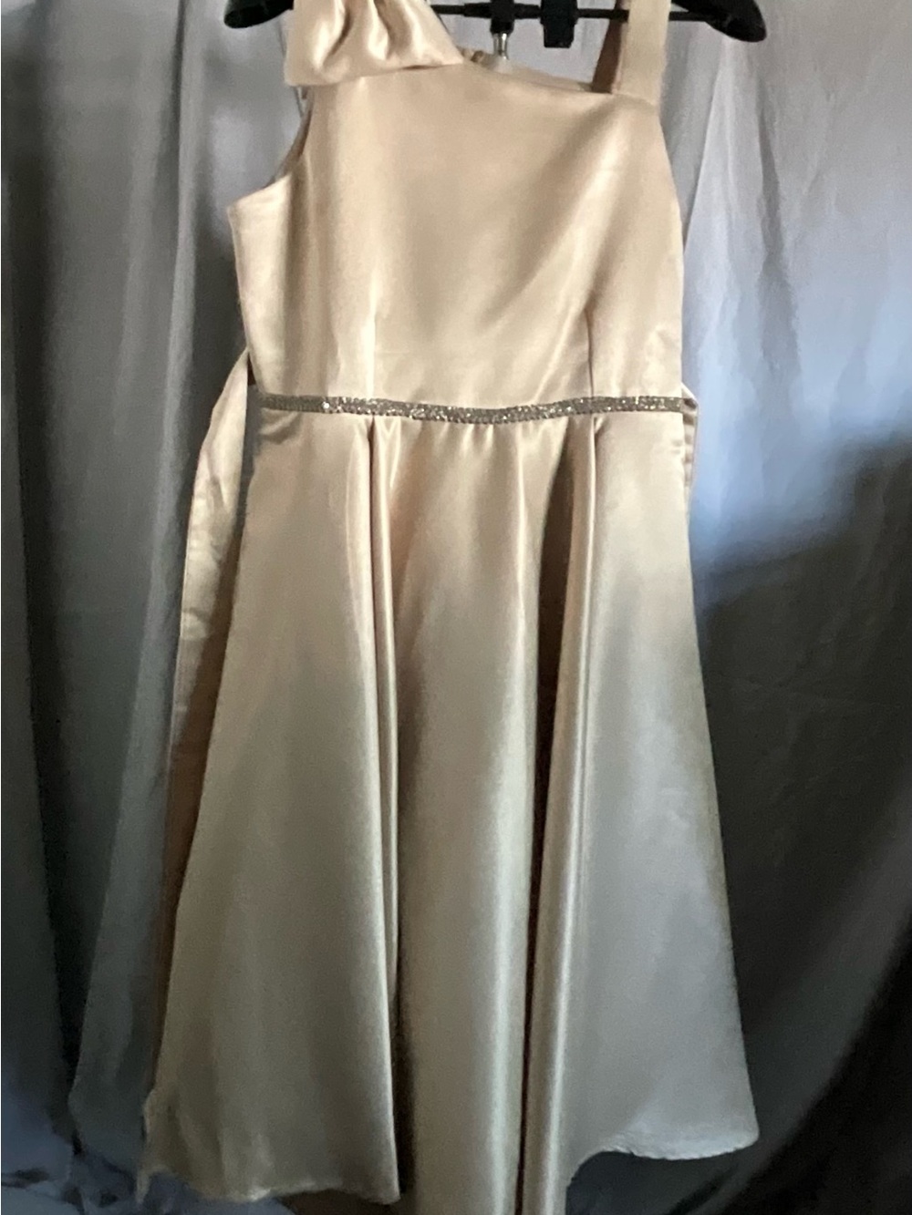 Girls Champagne Satin Party Dress with Bow Detail